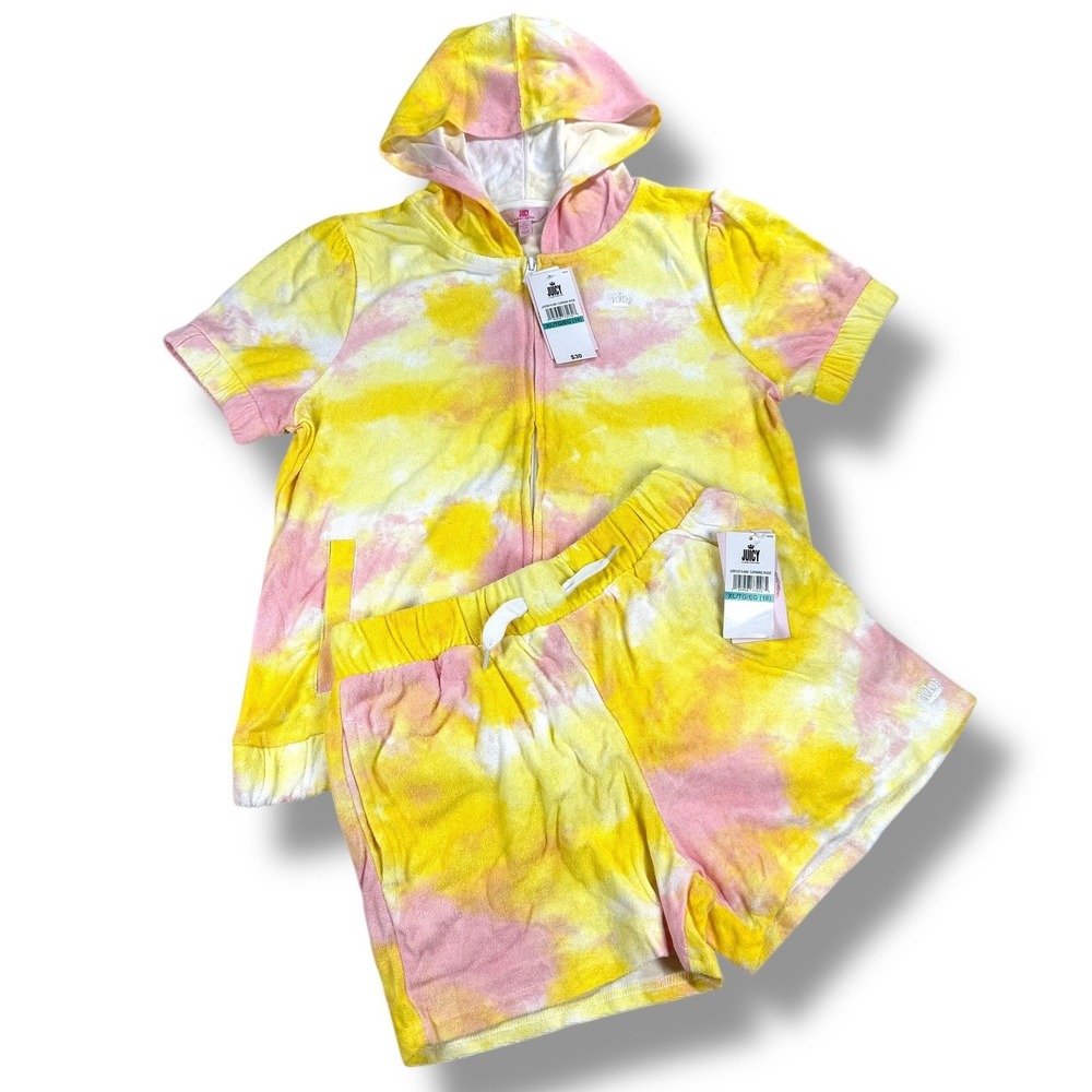 Juicy Couture Terry Cloth Tie Dye Lounge Set Short Sleeve Hoodie‎ and Shorts